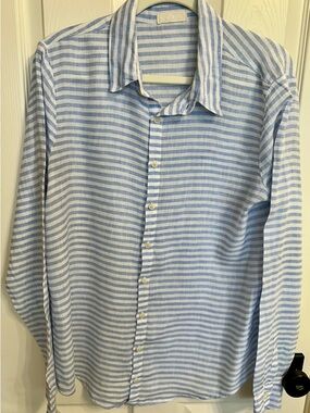 CP Shades Light Blue and White Striped Linen Button-Up Shirt Size M